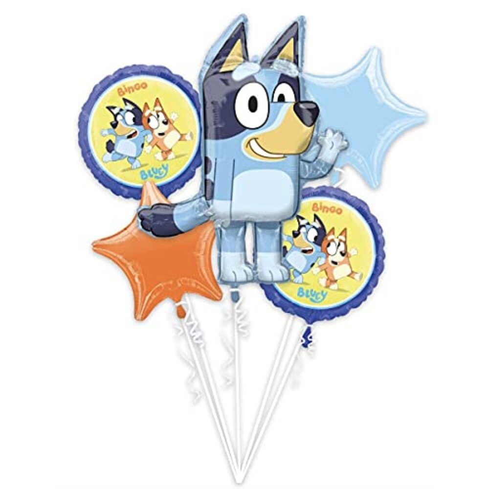 Bluey Happy Birthday Party Bingo Blue Heeler Dog Puppy 5 Piece Mylar Balloon Set